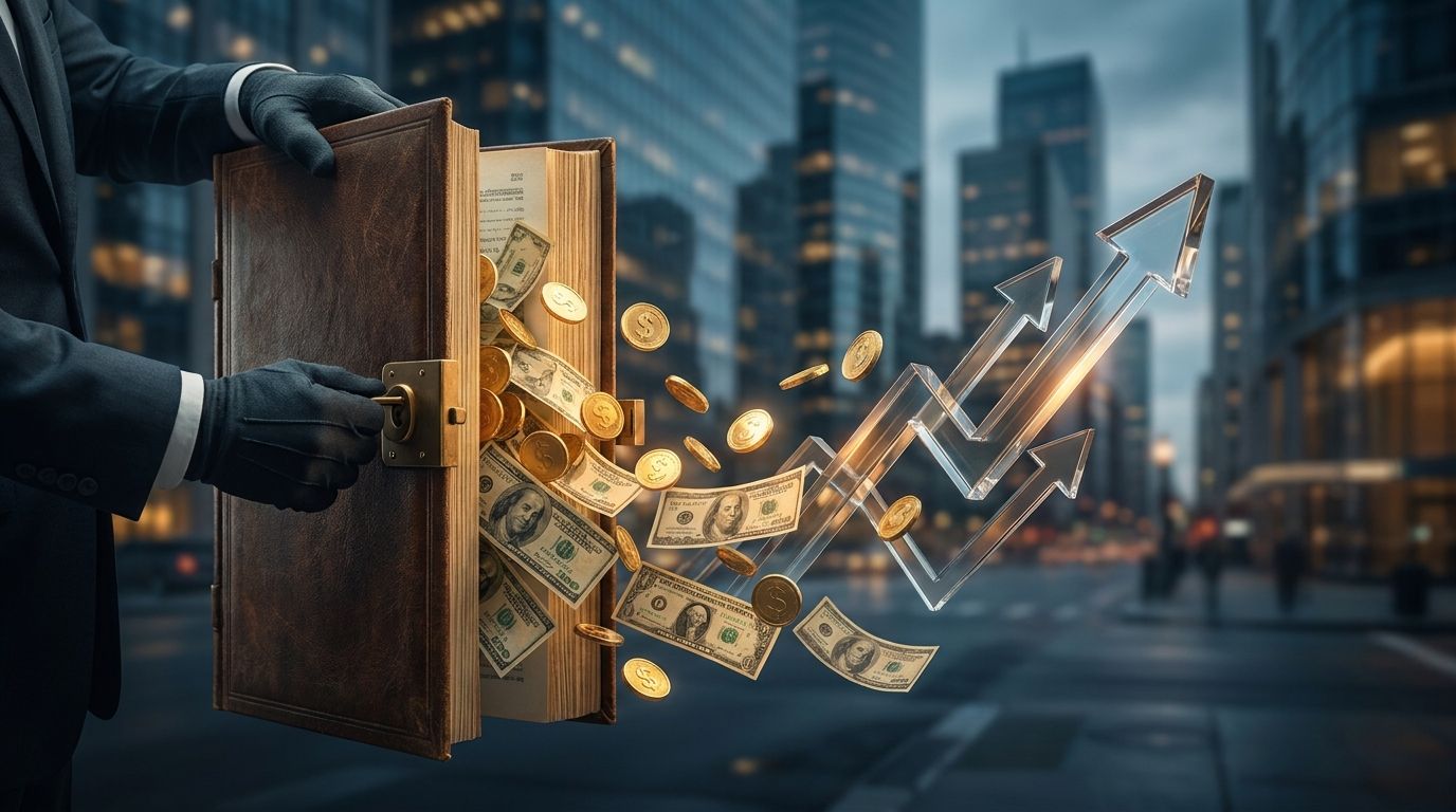 A powerful visual of a large hand or multiple corporate hands opening an oversized leather checkbook or vault, with streams of golden coins and dollar bills flowing outward into an upward-trending stock market graph. The background should feature a sleek, dark financial district skyline or boardroom setting, conveying wealth, power, and institutional momentum. The overall tone should feel bold and dynamic, suggesting massive capital being unleashed into the market.
