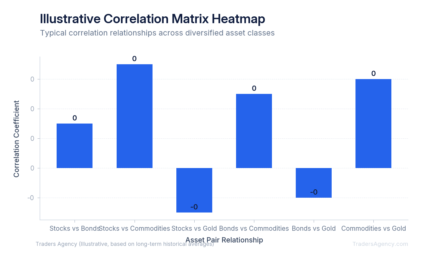 Heatmap showing correlation coefficients between stocks, bonds, commodities, real estate, gold, and cash ranging from -0.3 to +0.9