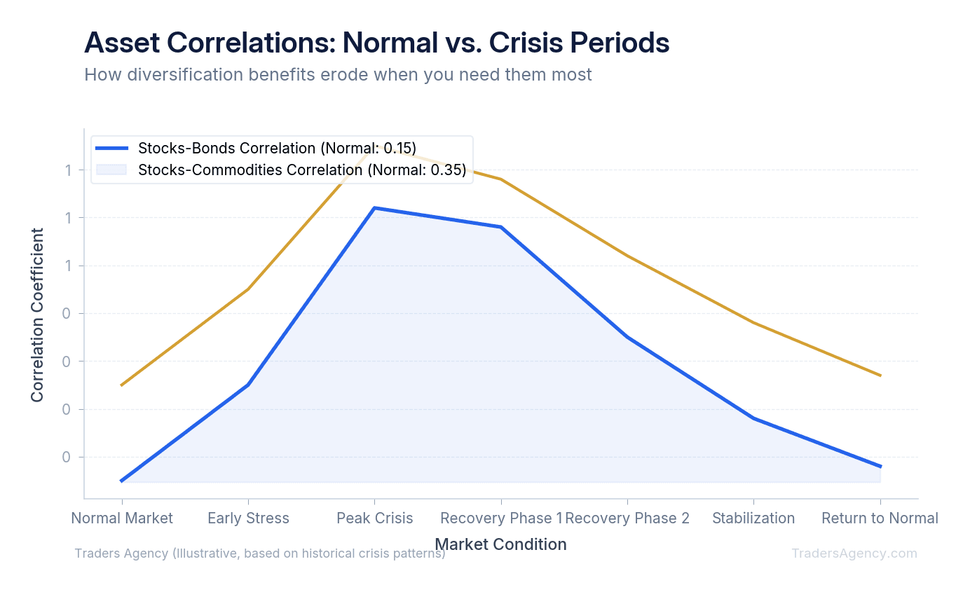 Multi-line chart showing how correlations between stocks and bonds rise sharply during market downturns compared to normal market periods