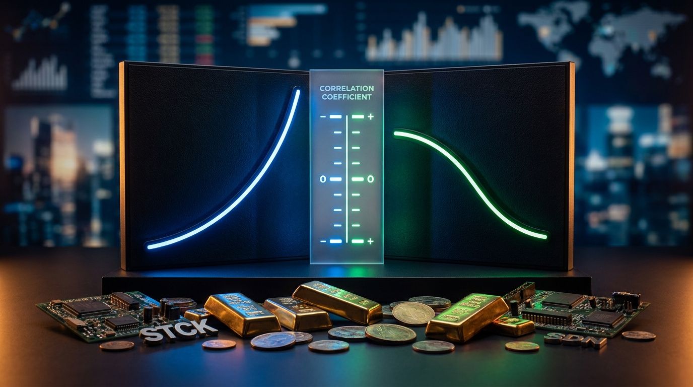 A split-screen visualization shows two contrasting stock chart lines — one soaring while the other dips — connected by a glowing correlation coefficient scale ranging from negative to positive, rendered in sleek blues and greens against a d