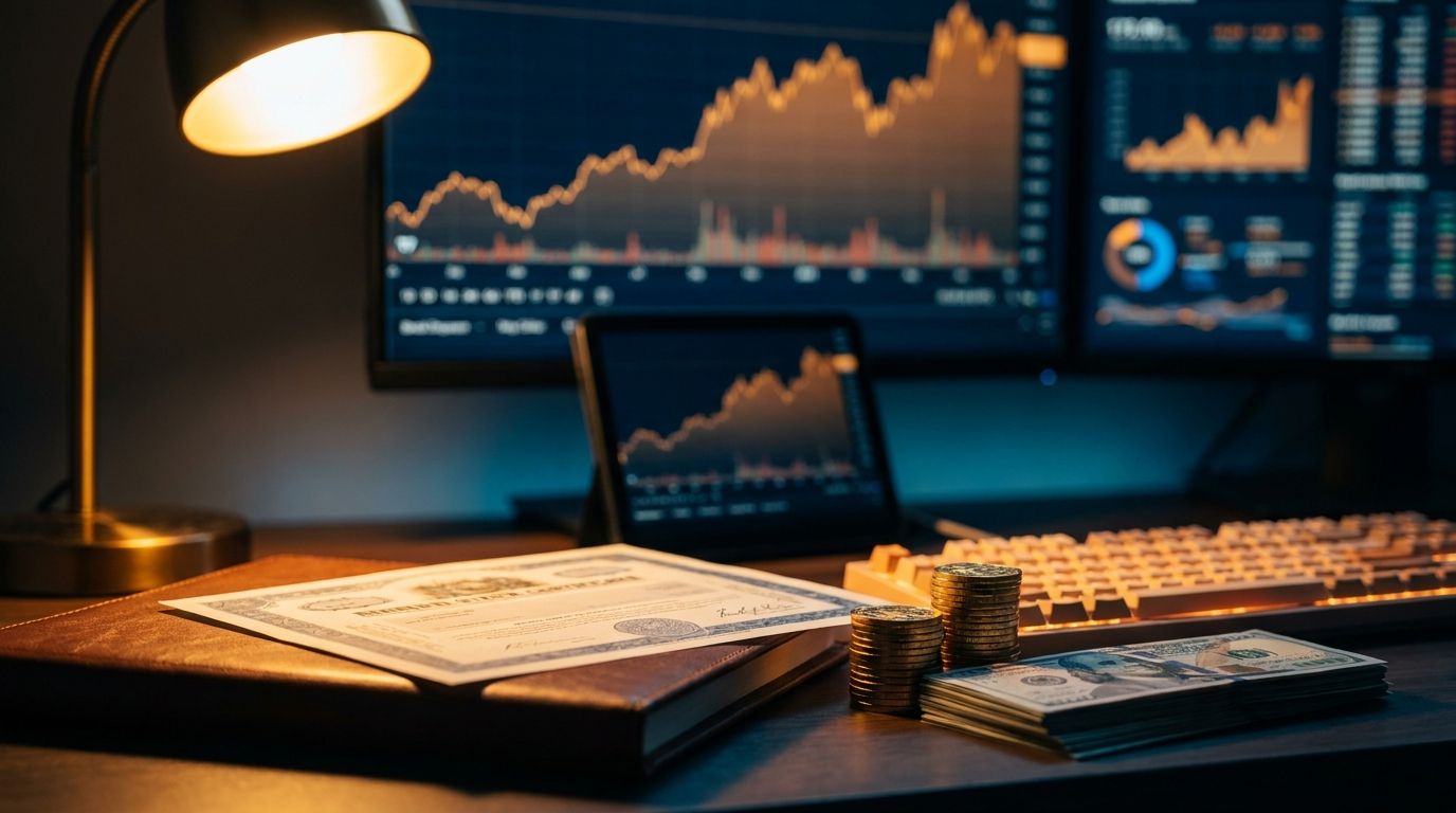 A confident investor sits at a modern desk reviewing stock charts on multiple screens, with a stack of cash or gold coins visibly accumulating beside their keyboard to symbolize passive income generation.