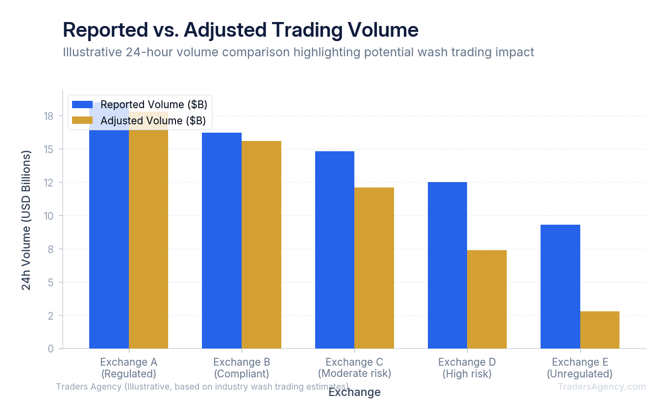 Bar chart showing reported 24h volume versus estimated adjusted volume (after removing wash trades) across five exchanges, illustrating how crypto market structure legislation aims to improve transparency