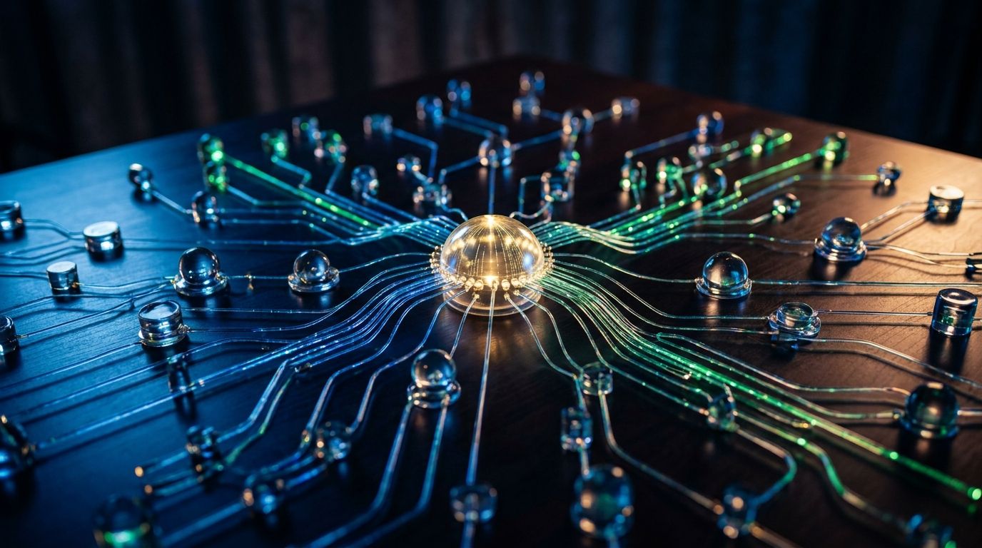 A dramatic bird's-eye view of a complex, glowing network of interconnected nodes and pathways rendered in deep blues and electric greens, representing the fragmented web of crypto exchanges and liquidity pools.