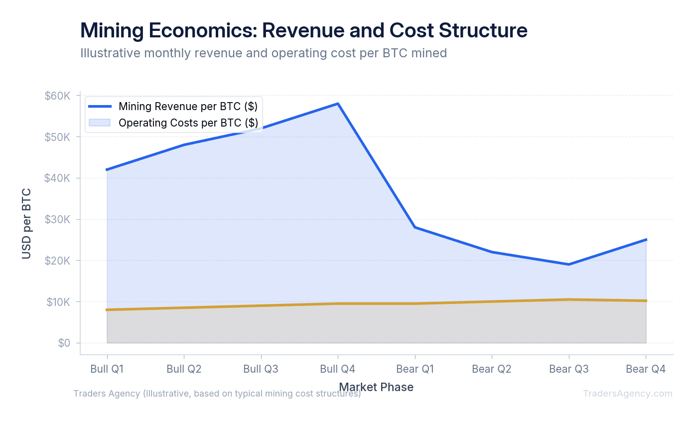 Area chart showing mining revenue and operating costs diverging during bear markets when profitability compresses