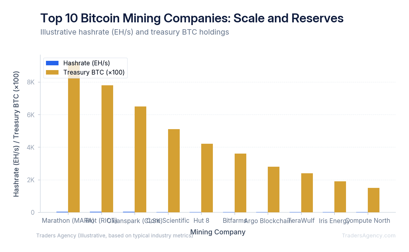 Bar chart comparing the top 10 largest bitcoin miners by hashrate and their on-balance-sheet BTC reserves