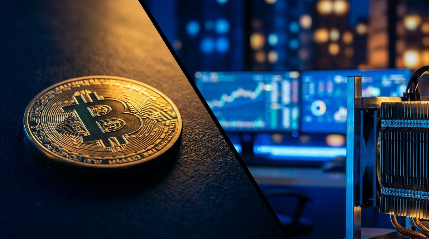 A split-screen composition showing a physical Bitcoin coin or glowing digital crypto token on one side, contrasted with a stock market trading screen or mining rig hardware on the other side.