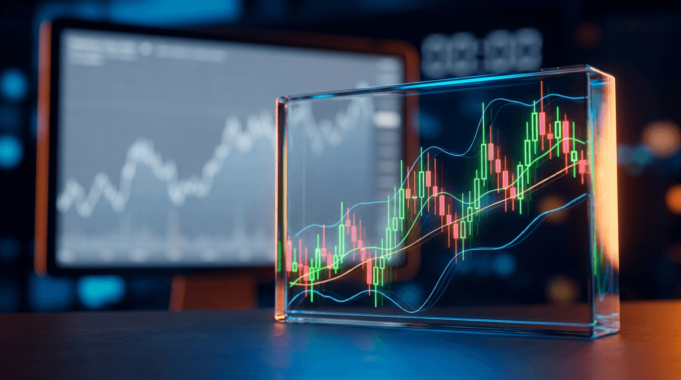 A dramatic split-screen composition showing a glowing cryptocurrency candlestick chart (Bitcoin/altcoin price action with clear peaks and volatility spikes) rendered in neon green and red, overlaid with classic technical analysis elements l