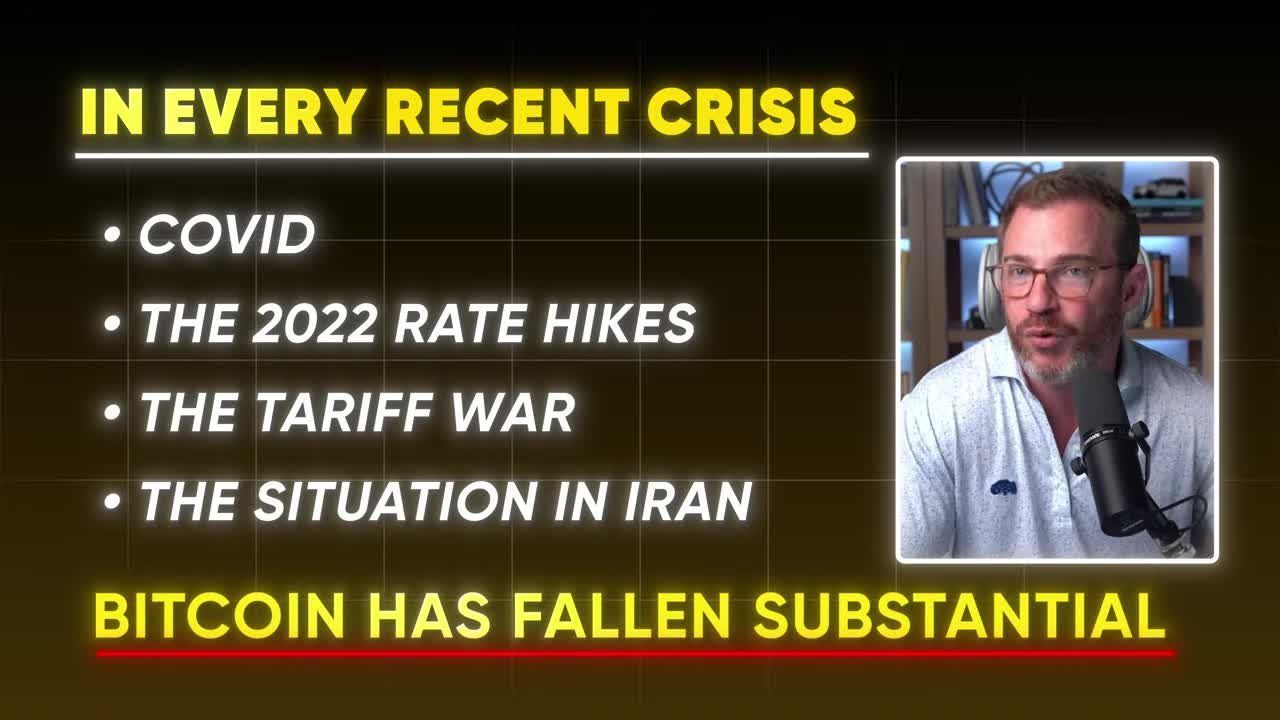 Graphic titled 'In Every Recent Crisis' listing COVID, The 2022 Rate Hikes, The Tariff War, and The Situation in Iran, with the conclusion 'Bitcoin Has Fallen Substantially'