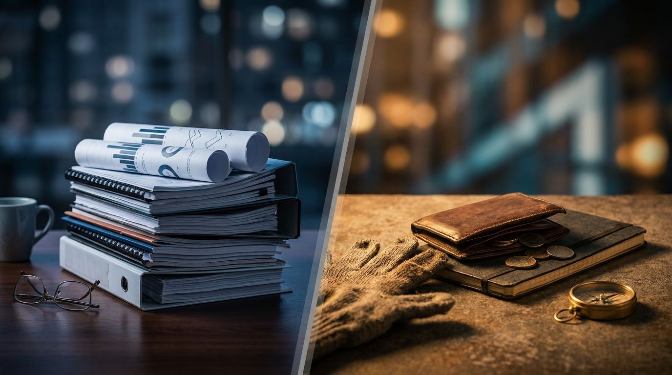 A split-scene image showing two contrasting figures: on one side, a suited analyst surrounded by towering stacks of reports, charts, and documents looking confident but detached; on the other side, a person physically reaching into their own wallet or pocket with determined focus. The visual contrast between paper knowledge and real financial commitment captures the article's core tension between familiarity and true conviction. Dramatic lighting with cool tones on the analyst's side and warmer,