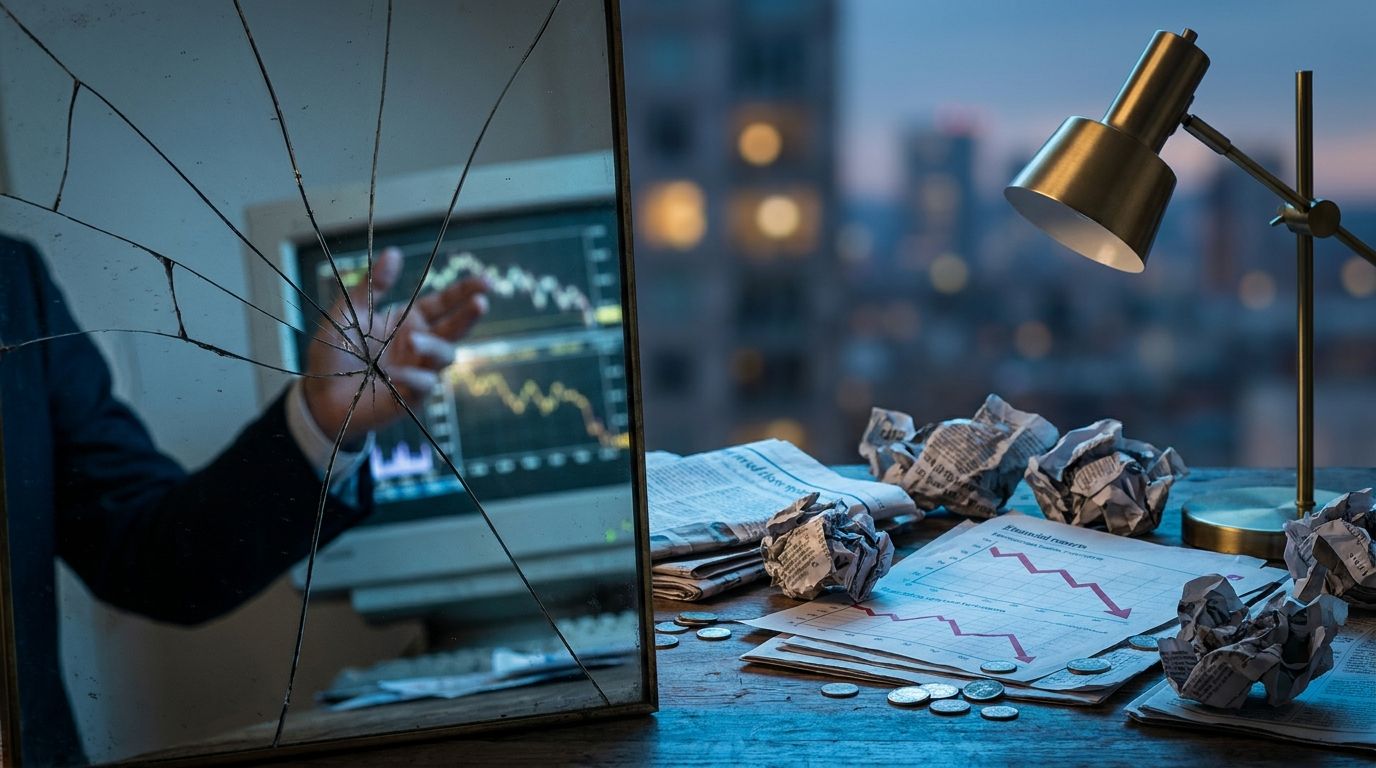 A split composition showing a cracked mirror reflecting a distorted, overly confident figure in a suit pointing at stock charts, while the real market data on the other side tells a completely different story. The contrast between the bold, certain reflection and the contradicting reality visually captures the dangerous gap between confidence and accuracy in trading. Dramatic lighting with sharp shadows emphasizes the tension between illusion and fact.