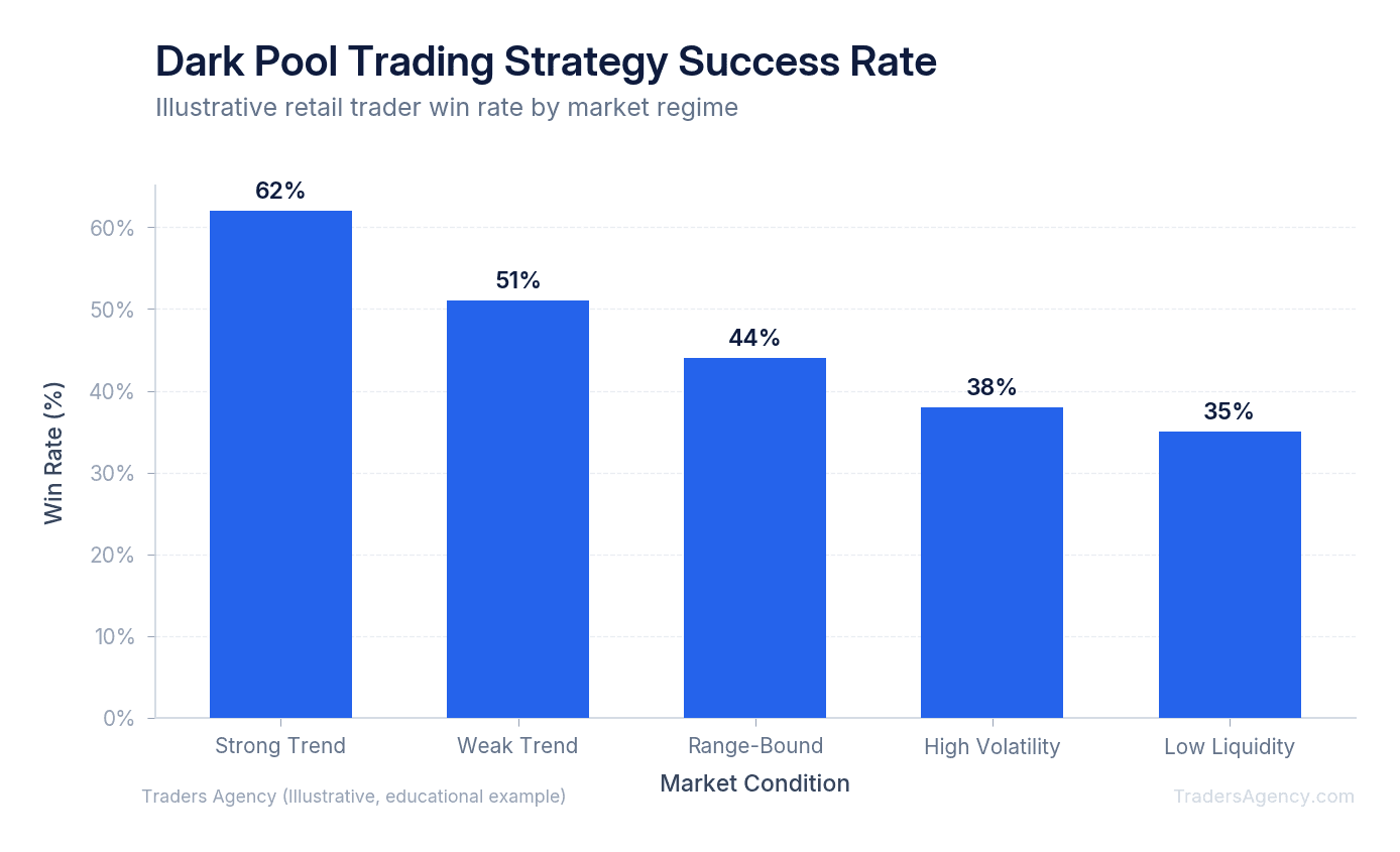 Bar chart showing retail trader success rates when trading on dark pool signals across trending, ranging, and volatile markets