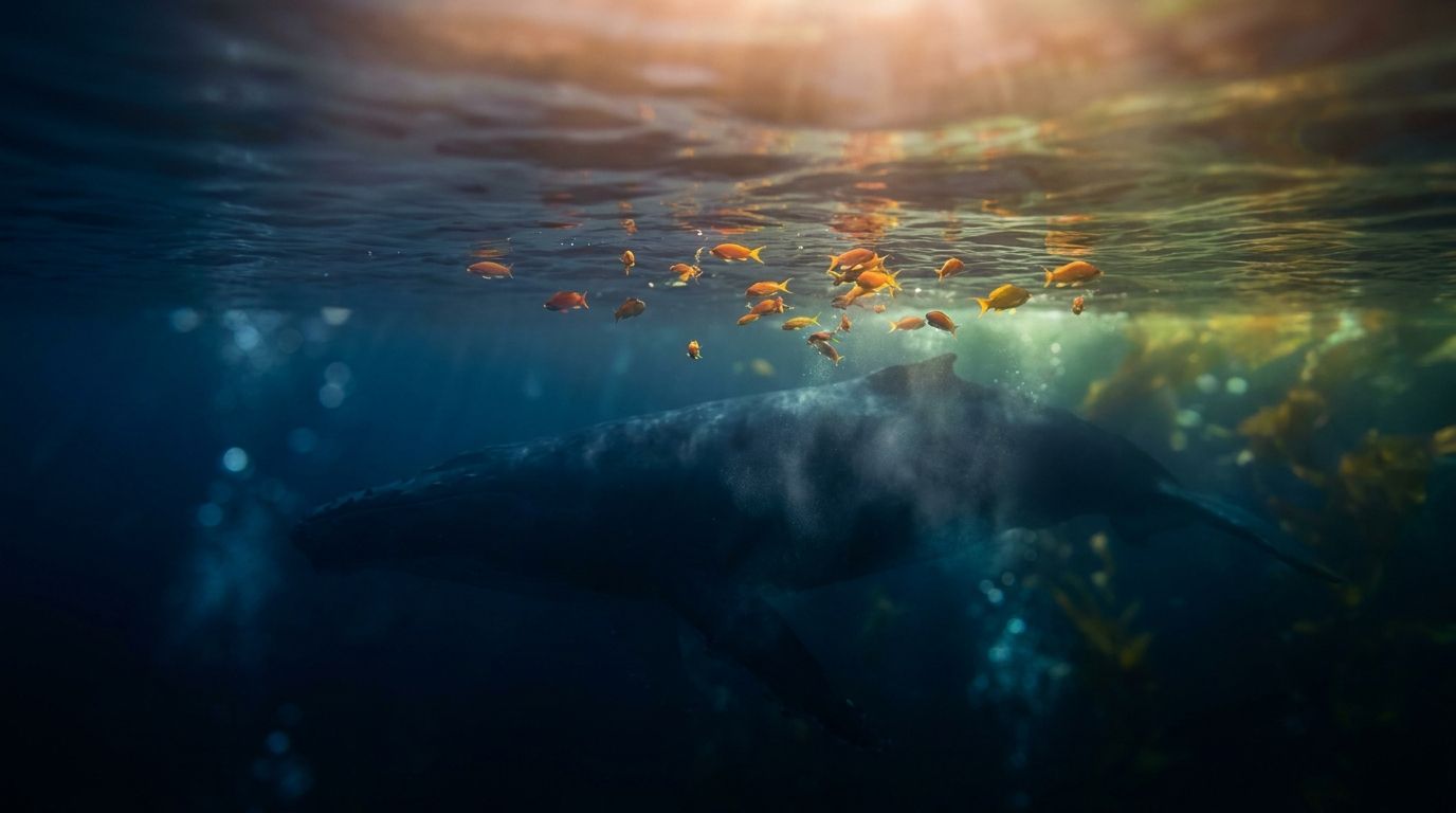 A dimly lit underwater scene where a massive, shadowy whale silhouette moves through dark water while small, brightly colored fish swim near the surface above it.