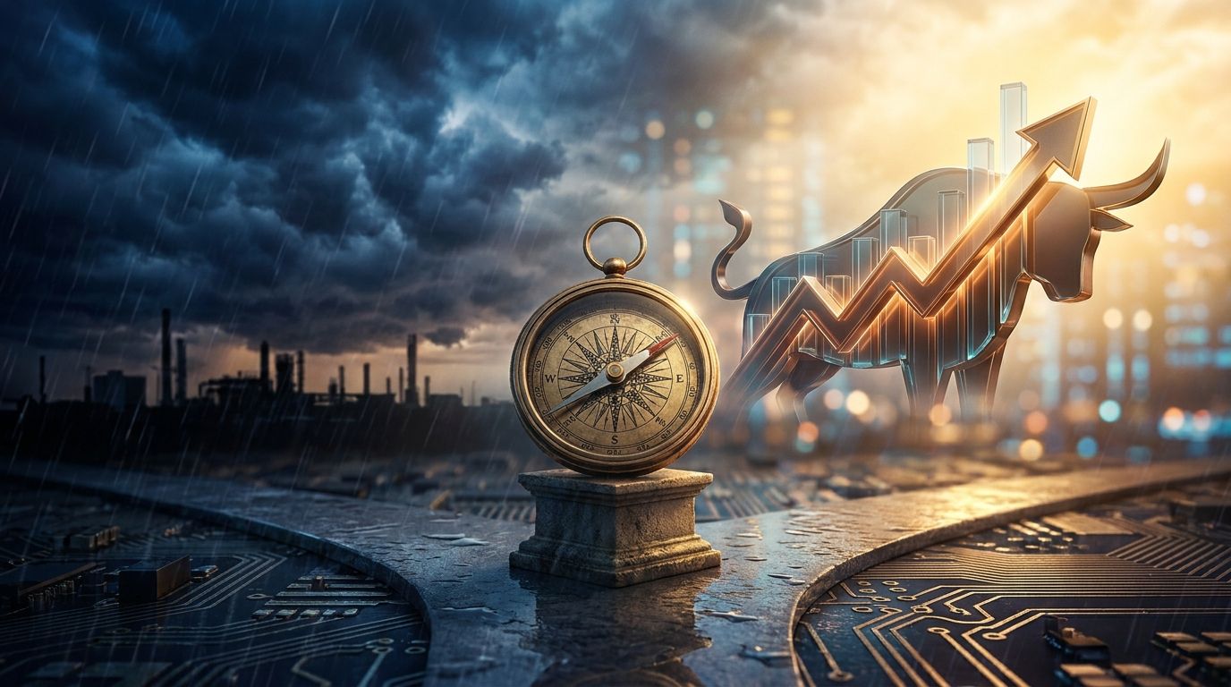 A split-scene image showing a stormy, dark sky on one side gradually transitioning into a bright, upward-trending stock chart bathed in golden light on the other side. In the foreground, a confident trader stands at a crossroads, facing toward the light rather than the darkness, symbolizing the choice between pessimism and optimism. The overall composition conveys momentum and forward movement, with subtle bull market imagery reinforcing the theme of staying aligned with the market's long-term u