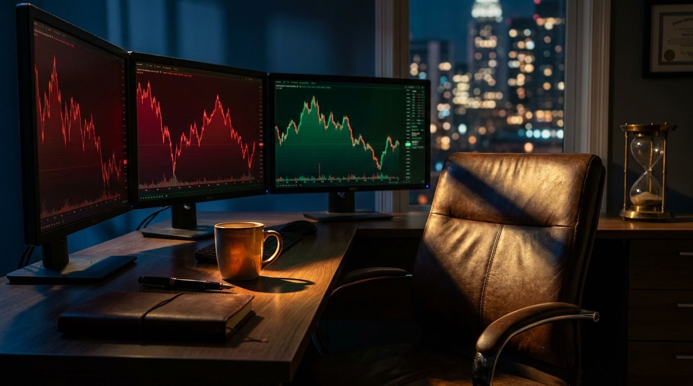 A trader sits calmly at a desk with multiple screens displaying volatile, jagged stock charts in red and green, hands relaxed rather than frantically typing. The scene conveys patience and composure amid market chaos, with the choppy price action visible on the monitors creating visual tension against the trader's still, unhurried posture. Dramatic lighting emphasizes the contrast between the turbulent data on screen and the deliberate stillness of someone choosing to wait rather than react.