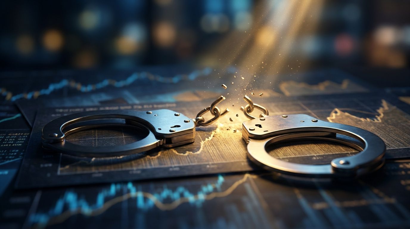 A close-up of a pair of shiny metal handcuffs resting on top of financial charts and stock market graphs, with one cuff open and breaking free. The lighting is dramatic, with a sharp contrast between shadow and a golden light illuminating the broken chain, symbolizing liberation from mental constraints. The financial data visible beneath the handcuffs reinforces the trading context while the breaking-free visual immediately communicates overcoming a psychological trap.