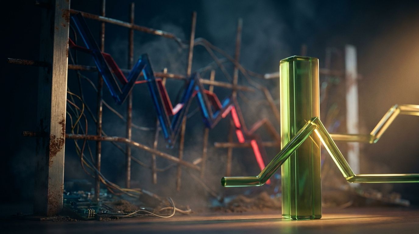 A split stock chart scene showing a dramatic market downturn in the background — red falling bars and declining lines — while a single bold green candle or stock line stands firm and unmoved in the foreground. The contrast between the chaos and the resilient outlier creates an immediate visual tension that captures the "holding ground" concept. Warm golden light could subtly illuminate the strong green element, symbolizing hidden opportunity within market turbulence.