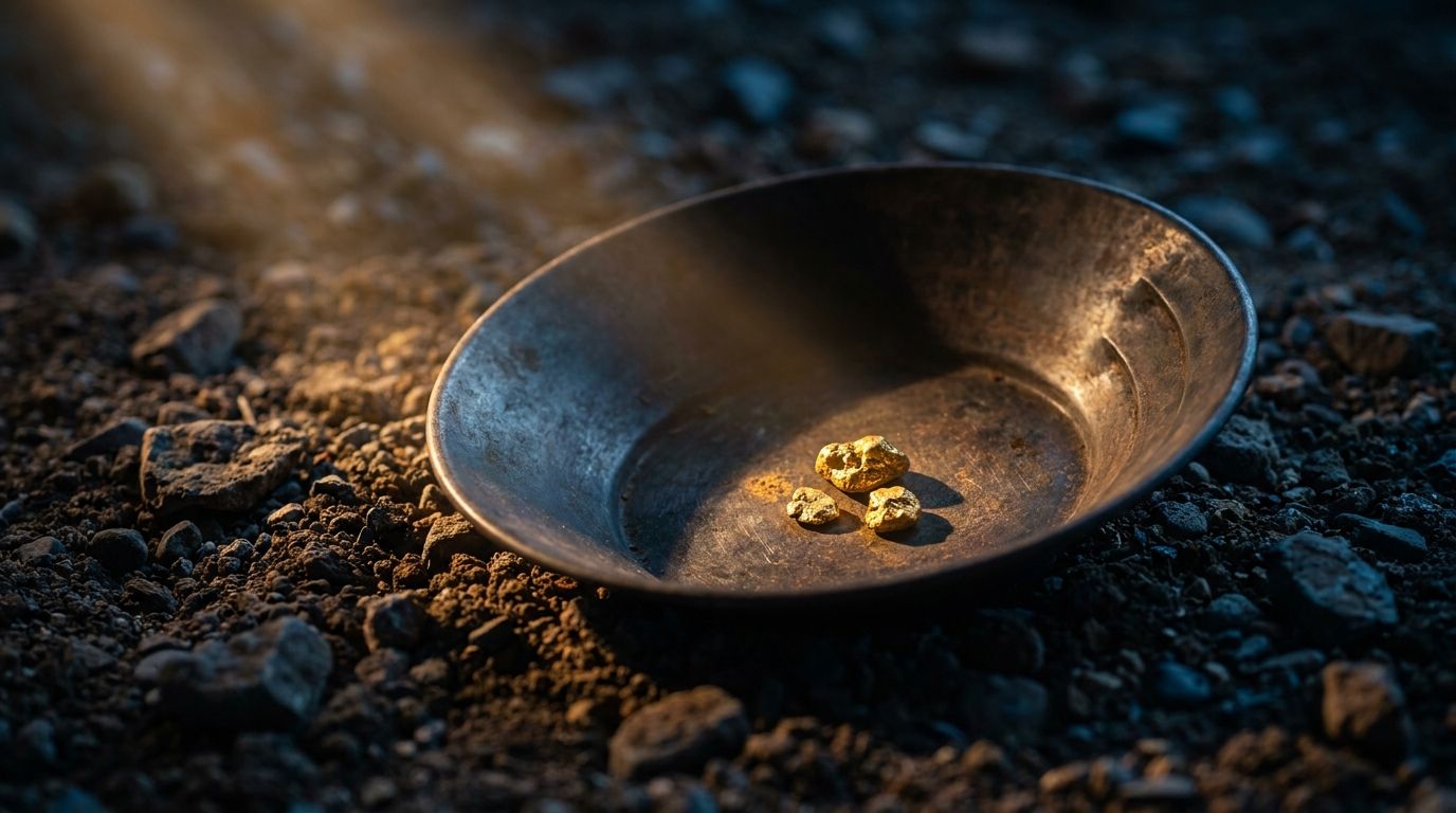 A lone prospector's gold pan holds just a few gleaming nuggets against a backdrop of discarded dirt and gravel, symbolizing the power of filtering signal from noise. The scene is dramatically lit with warm golden light illuminating the valuable pieces while the surrounding clutter fades into shadow. This visual instantly communicates the concept of cutting through overwhelming market data to find only the most worthwhile opportunities.