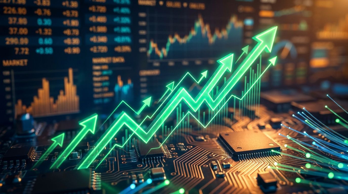A dynamic upward-trending stock chart with glowing green arrows surging higher dominates the frame, set against a dark financial dashboard backdrop filled with blurred market data and ticker numbers.