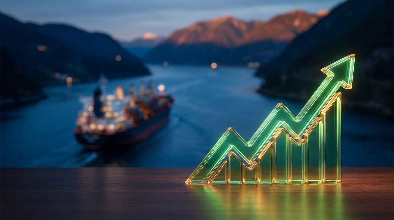 A split composition showing a dramatic upward-trending stock chart with a glowing green surge line dominating the foreground, while a softly blurred image of a cargo ship passing through a narrow strait appears in the background.