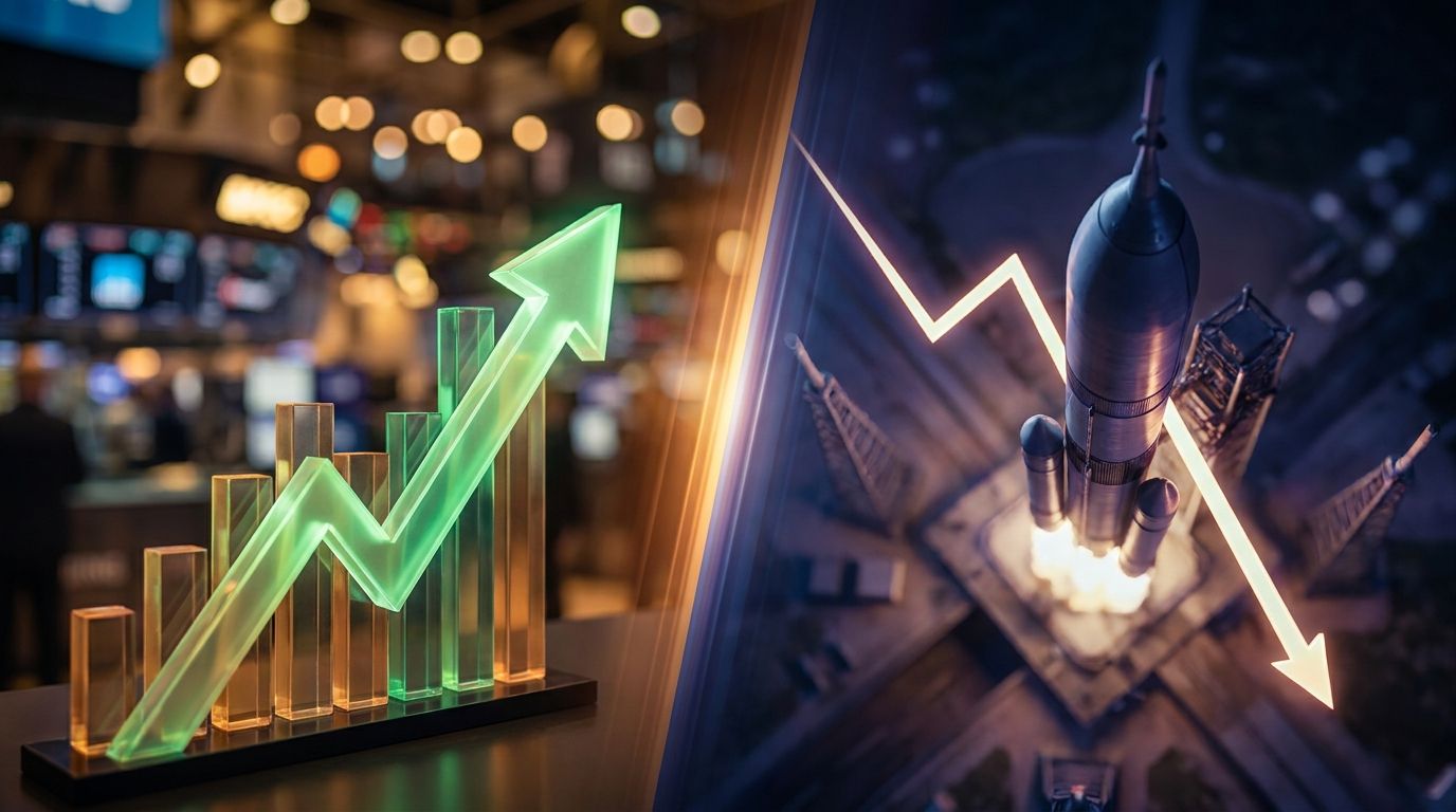 A split-composition image showing a rising stock market chart or ticker board with an upward green arrow on one side, contrasted against a dramatic aerial view of a rocket mid-launch with a downward trajectory overlay on the other.