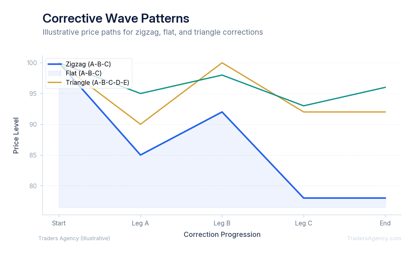 Multi-line chart comparing three corrective wave patterns: zigzag, flat, and triangle structures