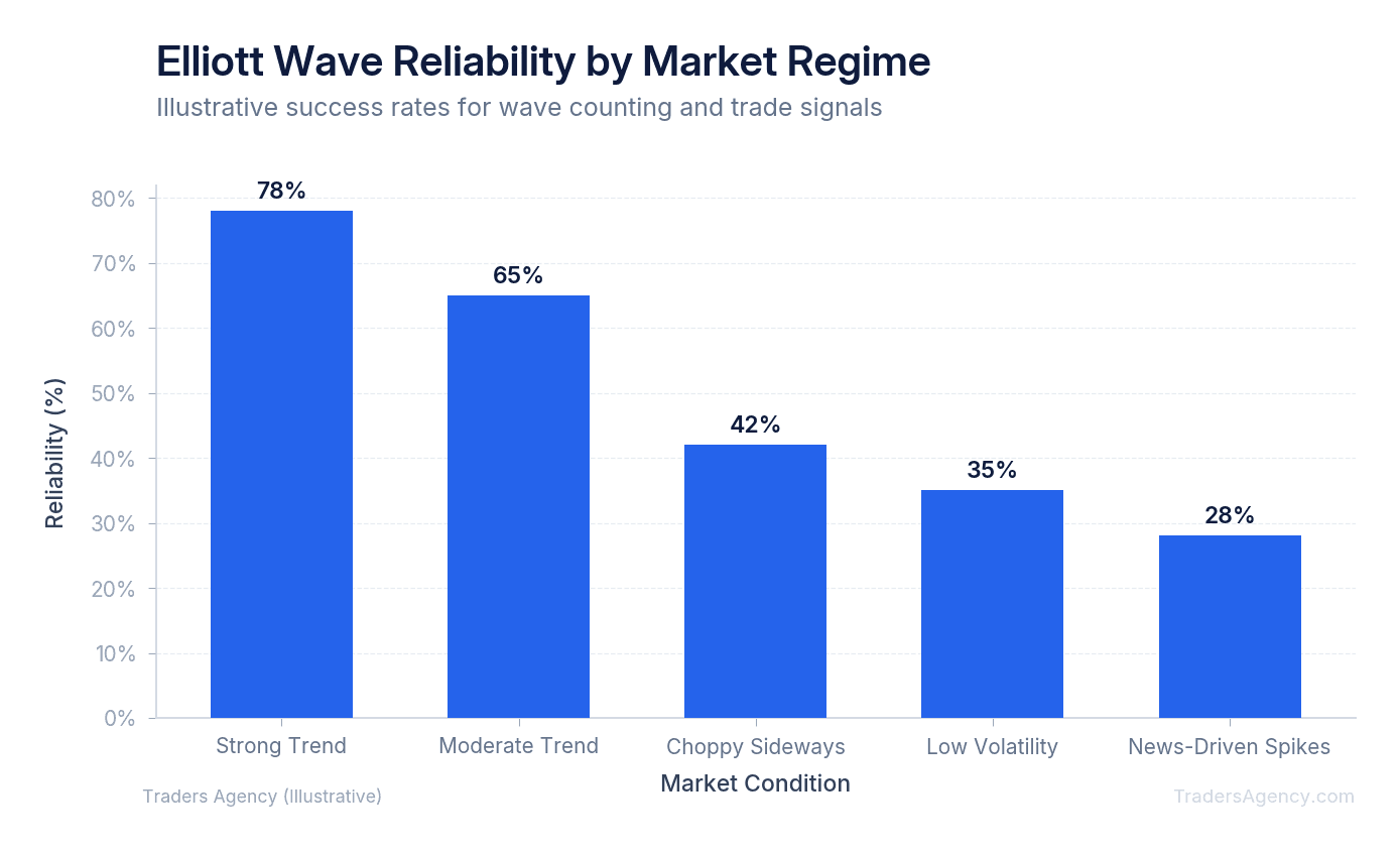 Bar chart comparing Elliott wave theory effectiveness in trending markets versus choppy, low-volatility, and news-driven conditions