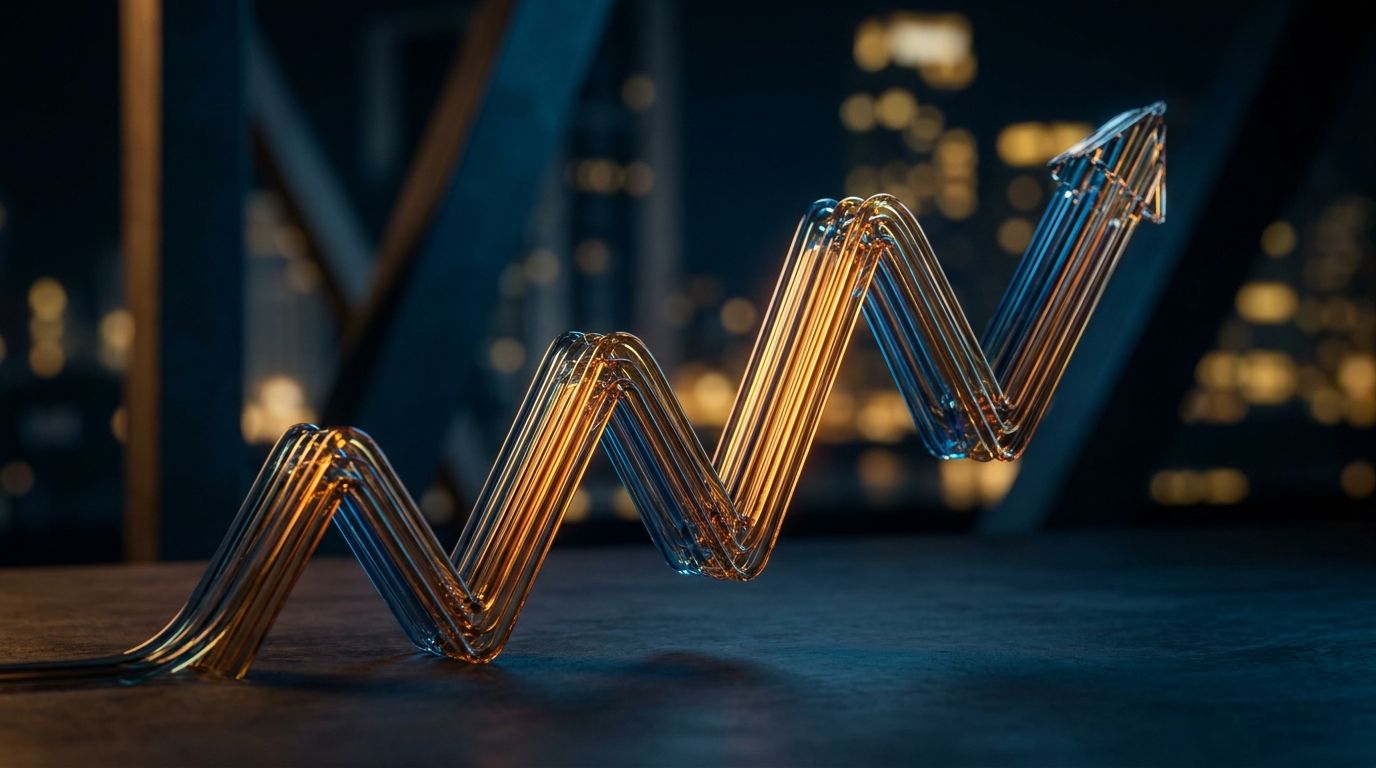 A dynamic stock chart fills the frame, displaying a clearly labeled five-wave impulse pattern with an upward zigzag movement rendered in bold, glowing lines against a dark background.