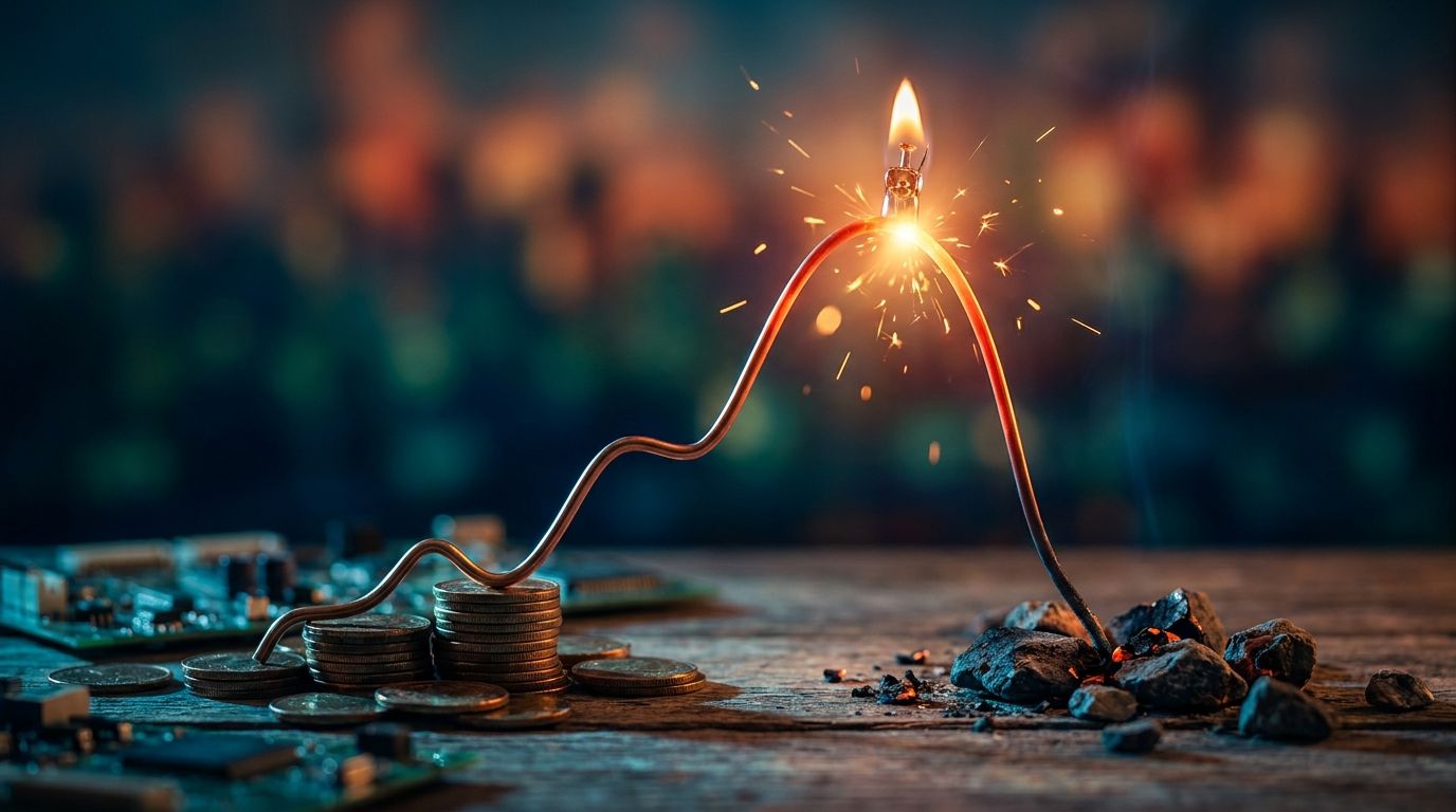 A dramatic stock chart line rockets upward in a steep, parabolic curve before abruptly collapsing downward, with the critical gap point highlighted by a burst of intense light or energy — symbolizing that final explosive surge before the re