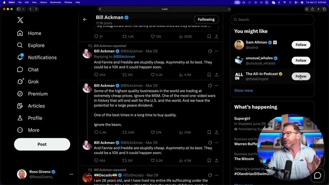 X (Twitter) posts by billionaire investor Ackman stating that Fannie Mae and Freddie Mac are 'stupidly cheap' with potential for a 10X return, and that high-quality businesses are trading at extremely cheap prices