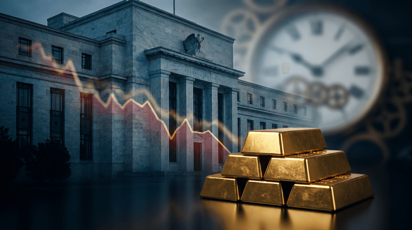 A gleaming gold bar or bullion stack positioned in front of the imposing stone facade of the Federal Reserve building, with a subtle downward-trending chart line overlaid in translucent gold or red to hint at the price rejection.