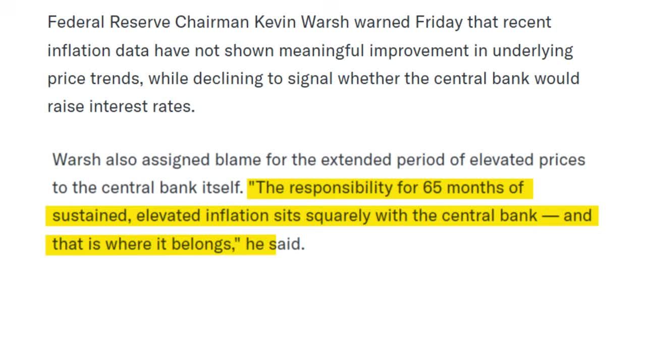 News article excerpt highlighting Fed Chairman Kevin Warsh's quote blaming the central bank for 65 months of elevated inflation
