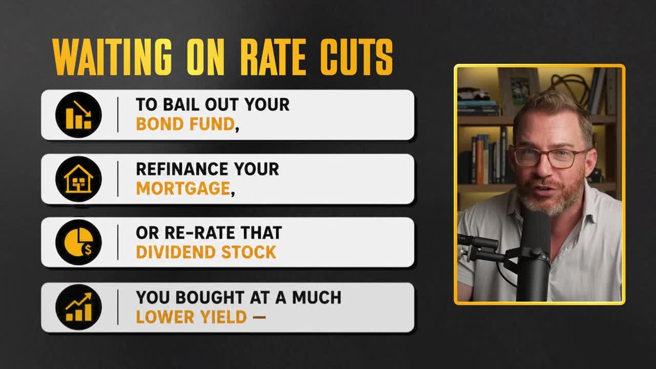 List graphic titled 'Waiting on Rate Cuts' outlining reasons investors expect rate cuts: bailing out bond funds, refinancing mortgages, re-rating dividend stocks bought at lower yields