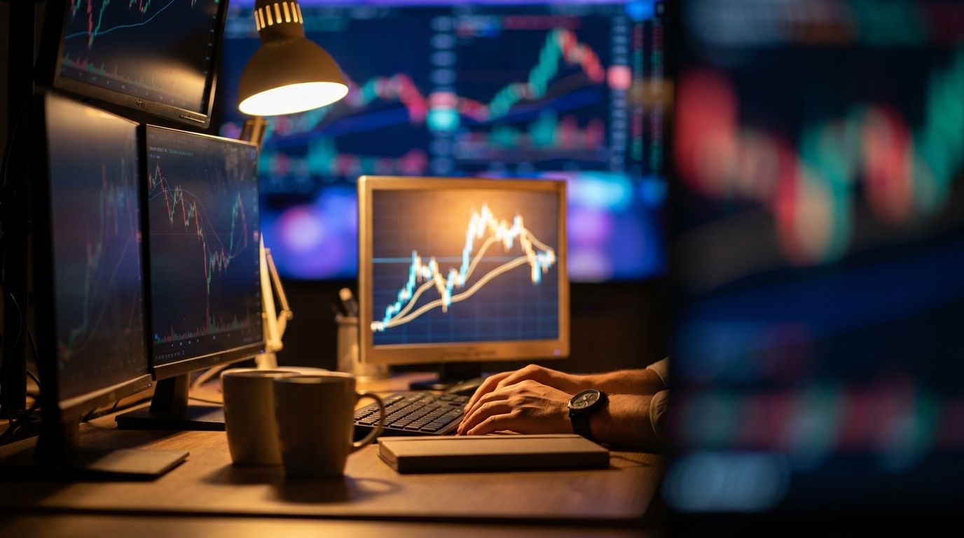 A trader sits calmly at a desk with multiple screens displaying chaotic, rapidly moving stock charts and red/green market data, while they remain visibly composed and focused on a single, clearly highlighted chart pattern. The contrast between the surrounding visual noise and the trader's deliberate, steady focus communicates the core message of disciplined trading amid market chaos. Warm, focused lighting on the trader against the cooler, frantic glow of the surrounding screens reinforces the t
