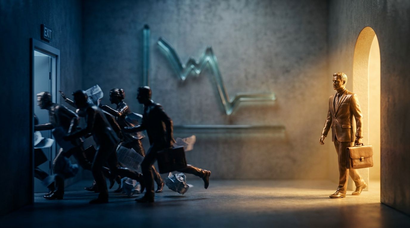A dramatic split scene showing a stampede of figures rushing toward an exit door on the left side, transitioning to a single confident figure in a suit calmly stepping through an entrance door on the right, bathed in golden light. The contrast between the chaotic exodus and the composed, opportunity-seizing investor captures the core tension of forced selling versus strategic buying. A subtle stock chart graph overlaid in the background, plunging sharply then stabilizing, reinforces the market t