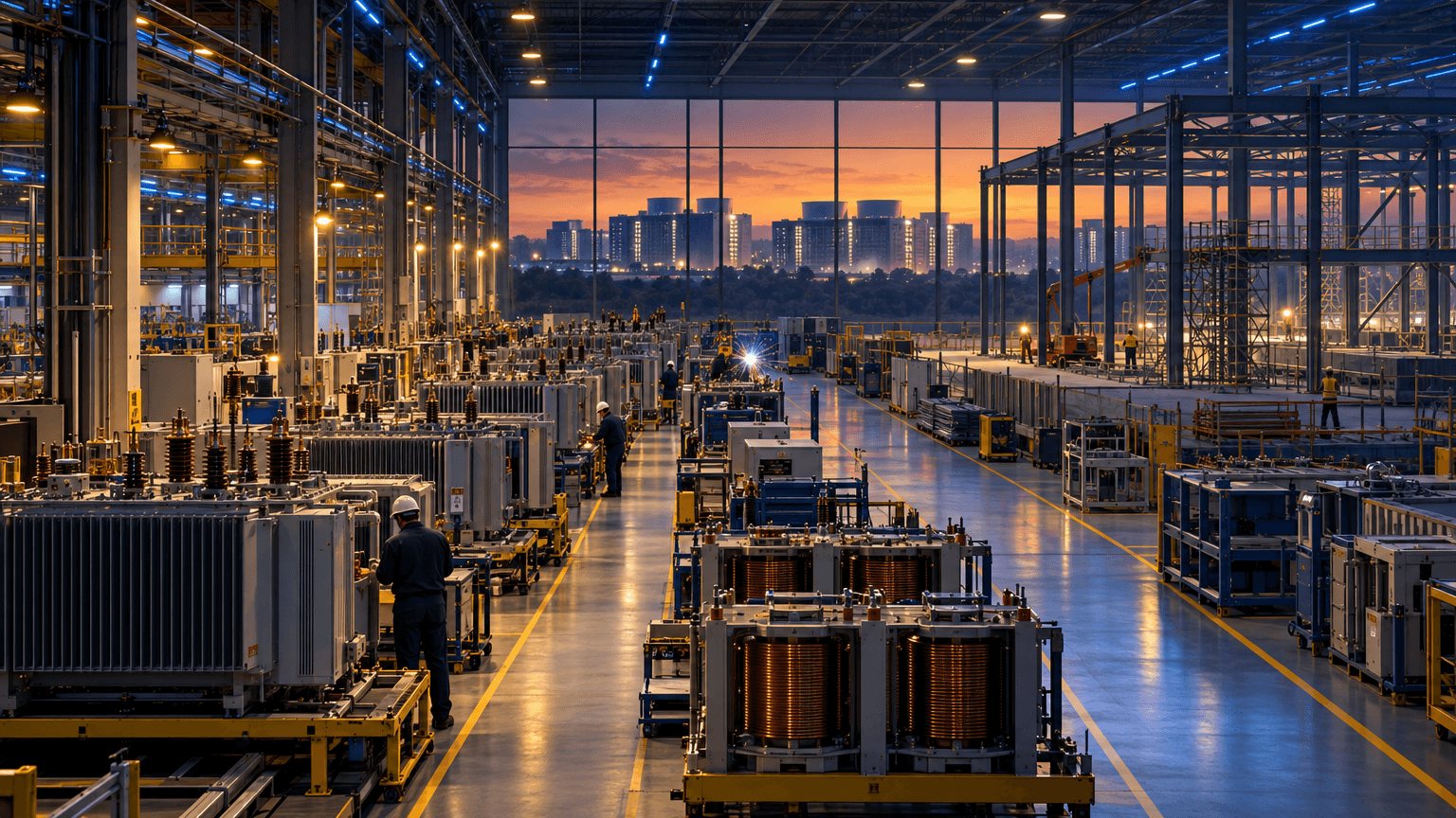 Elevated view of a power-electronics manufacturing plant with transformer units on production lines, an expansion bay under construction, and a distant skyline of data centers visible through the windows at dusk.