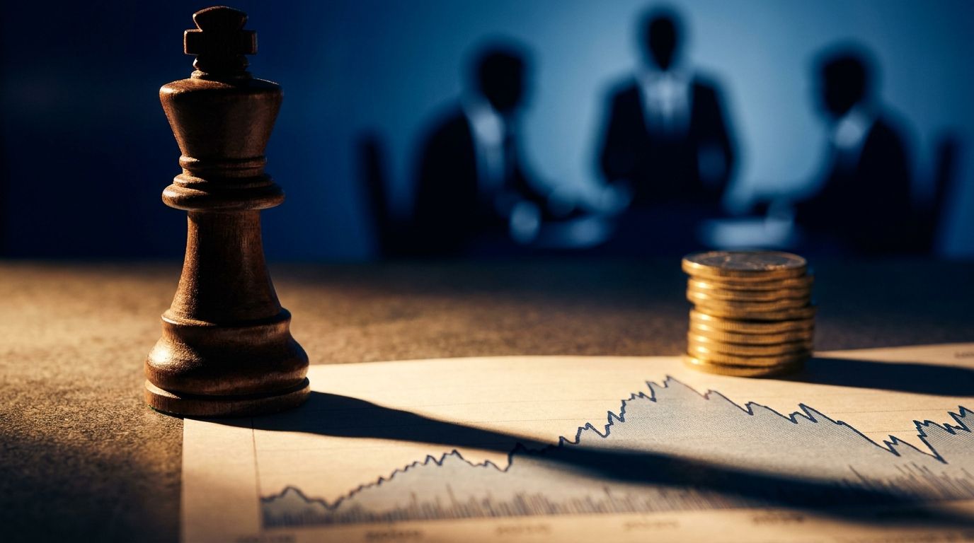 A sharp, high-contrast image of a large chess piece (king or queen) casting a shadow over a stock market chart, with gold coins or currency stacked nearby to symbolize real money being committed. In the background, blurred silhouettes of suited figures suggest powerful, elite players making moves behind the scenes. The overall mood is strategic and insider-focused, conveying the idea that watching where big money actually flows matters more than listening to market chatter.