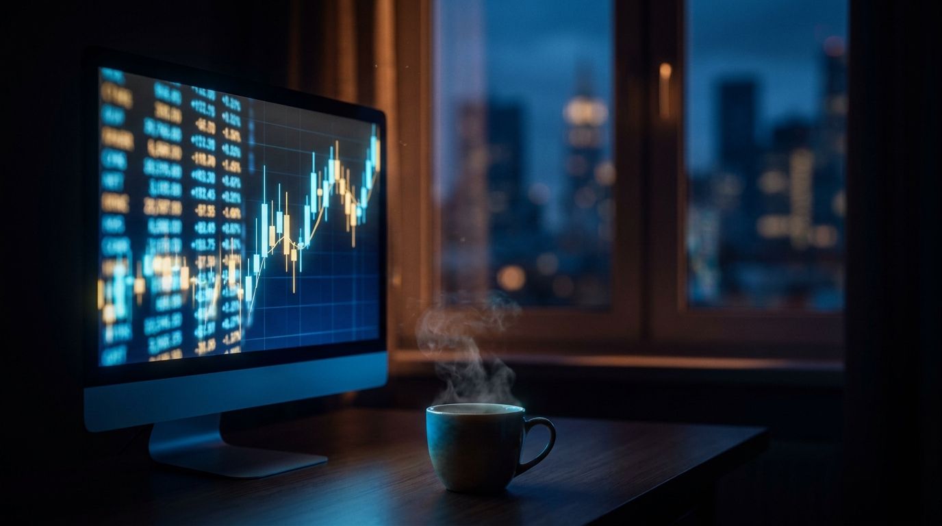 A split-scene image showing a glowing computer monitor displaying candlestick charts and futures ticker symbols against a dark pre-dawn background, with a blurred city skyline visible through a window behind it.