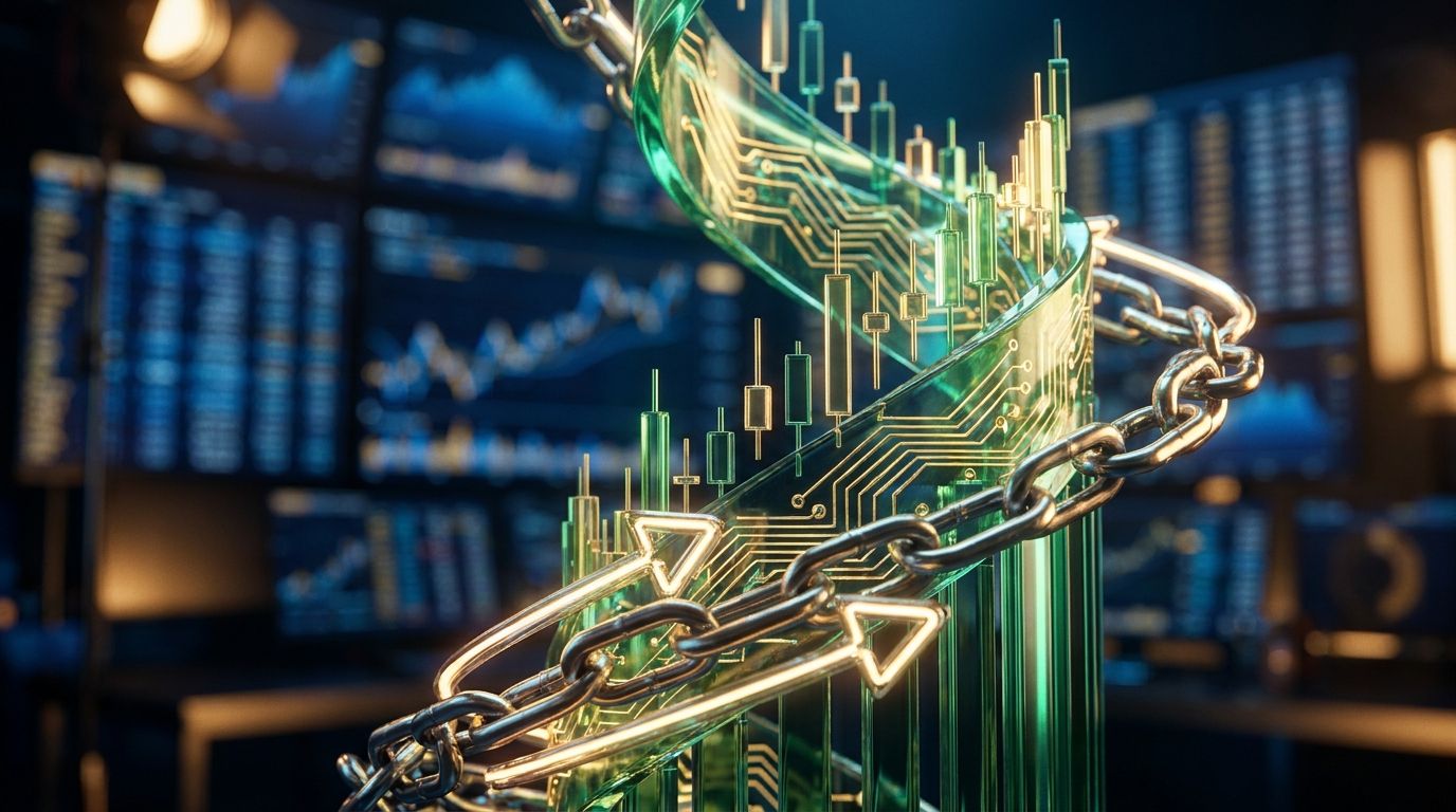 A dramatic upward-spiraling stock chart with glowing green candlesticks accelerating exponentially, set against a dark financial dashboard background with options chain data subtly visible in the background.