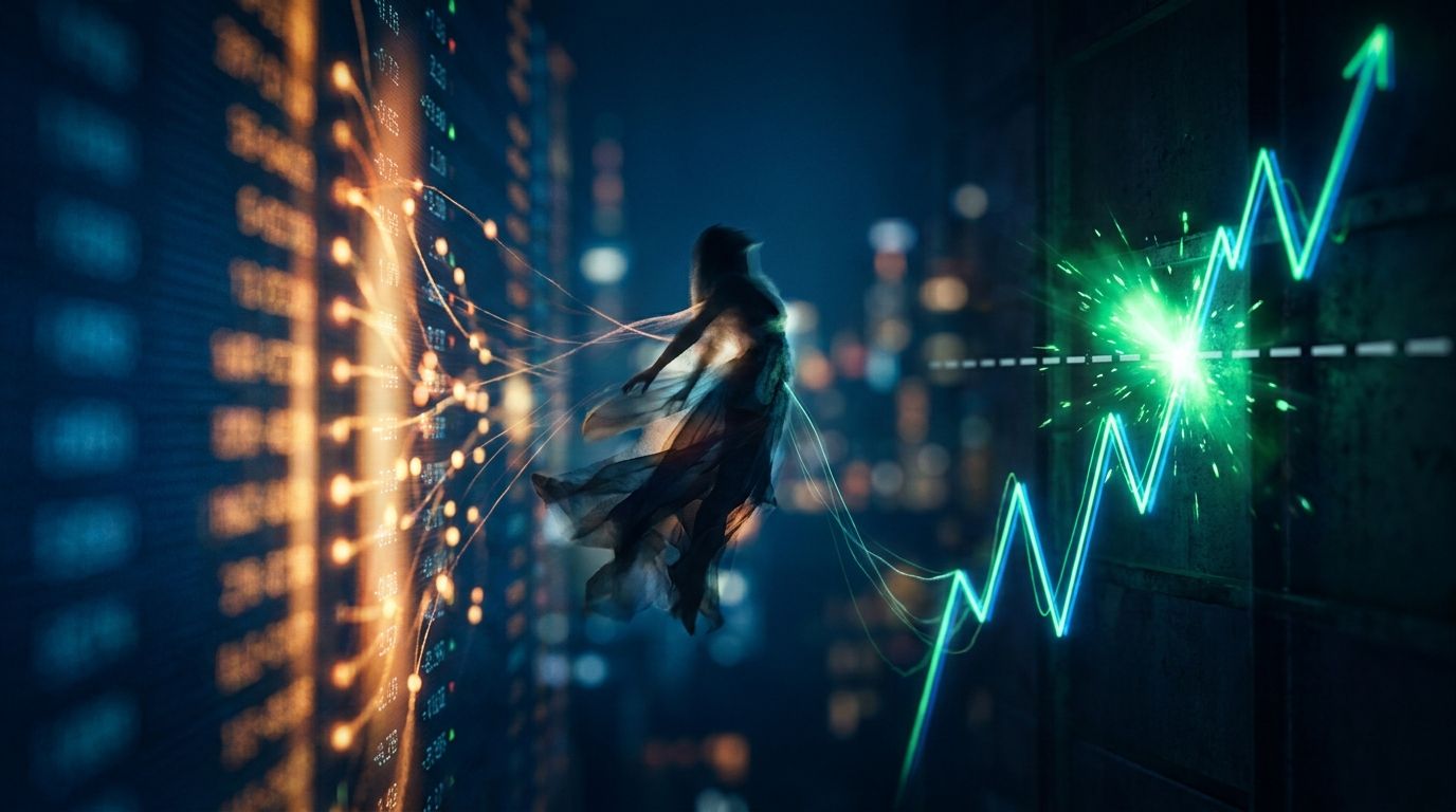 A split-screen composition showing two contrasting financial forces: on one side, a glowing options chain with call strike prices lighting up like a chain reaction, and on the other, a dramatic upward-spiking stock chart with an explosive g