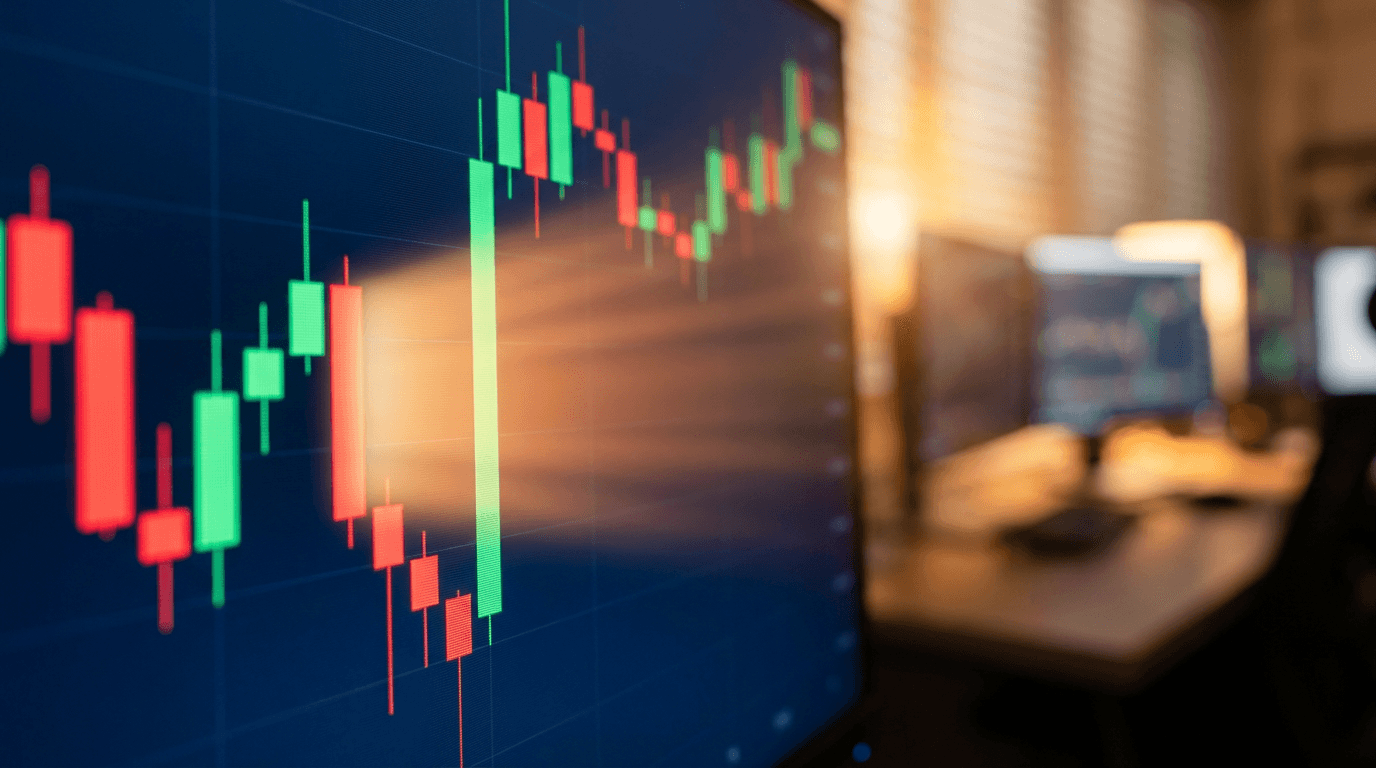 A dramatic close-up of a candlestick stock chart on a dark trading terminal screen, showing a stark visible "gap" — a jump between one candle's close and the next candle's open, with empty space highlighted between them in glowing red or gr