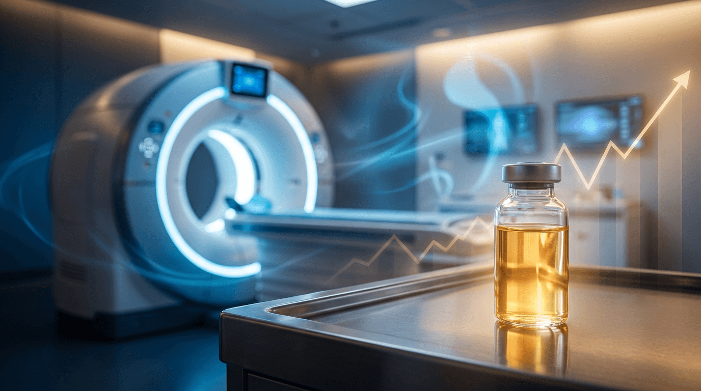 A sleek PET scanner in a clean clinical setting, glowing with a soft blue-and-white light, with a vial of luminous radioactive tracer liquid positioned prominently in the foreground.