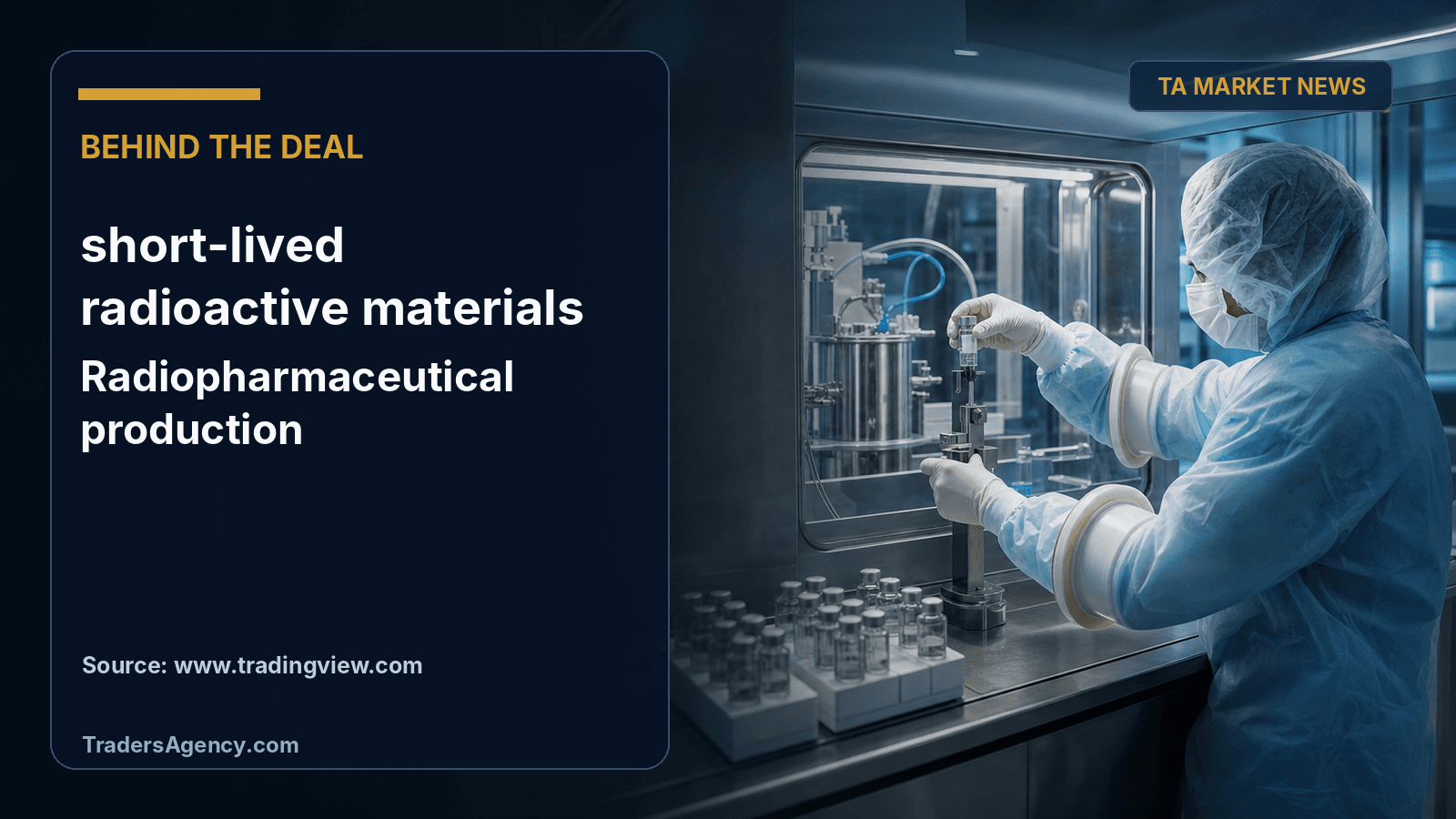 Illustration of a radiopharmacy lab producing radioactive tracers for PET imaging.