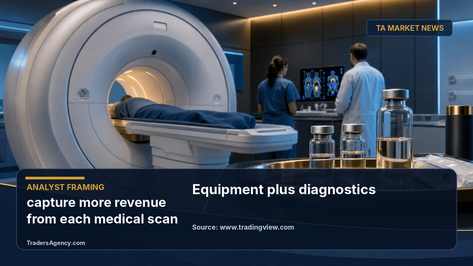 Illustration of a PET scanner alongside diagnostic tracer vials in a hospital imaging suite.