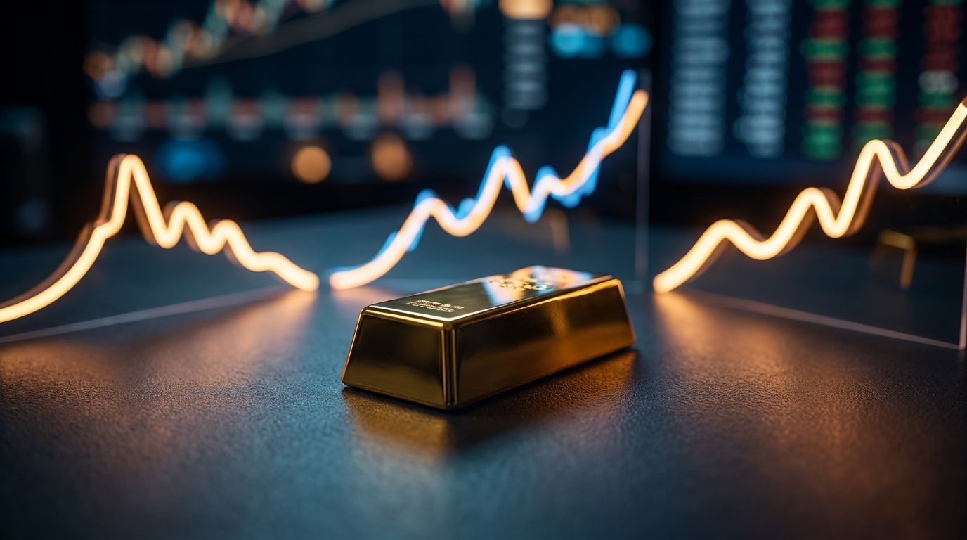 A gleaming gold bar sits at the center of the frame, with three distinct trading chart lines branching outward from it in different directions, representing the three ETF choices.
