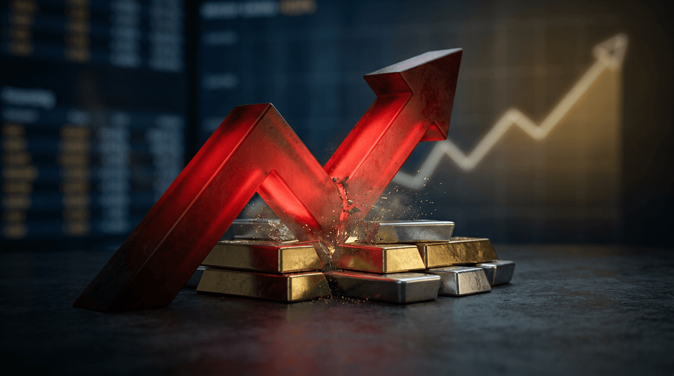 A dramatic downward-plunging red arrow or chart line slicing through stacked gold bars and silver bars, with subtle sparks or shatter-like fractures where the arrow intersects the metal to convey sudden impact.