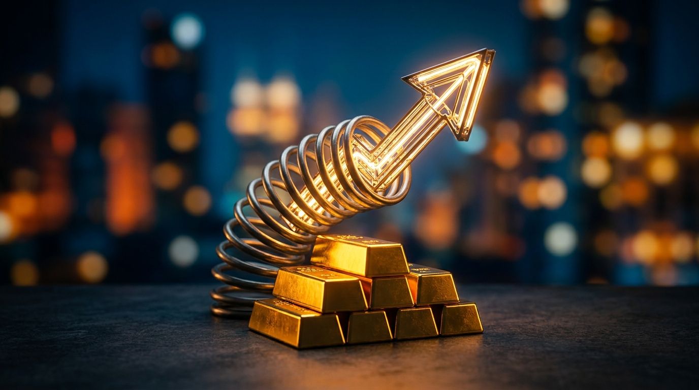 A gleaming gold bar or stack of gold bullion sits center frame, dramatically lit with a warm, intense golden glow, as if charged with energy about to be released.