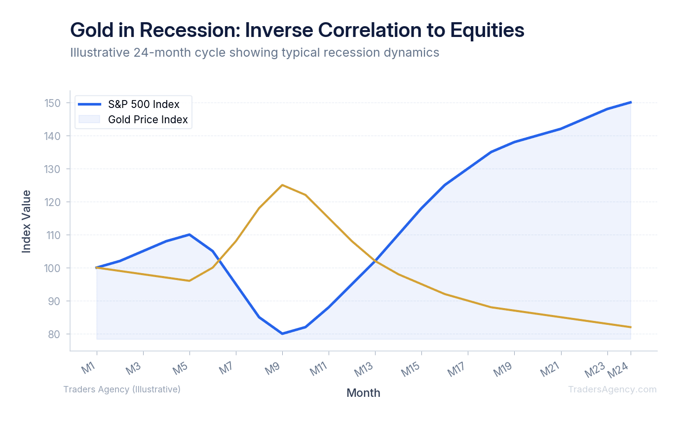 Multi-line chart showing gold and S&P 500 price movements over 24 months, with gold rising as equities fall