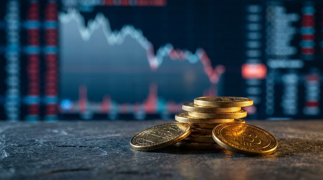 A gleaming gold bar or stack of gold coins sits prominently in the foreground, while a blurred stock market chart showing a downward trend is visible in the background.
