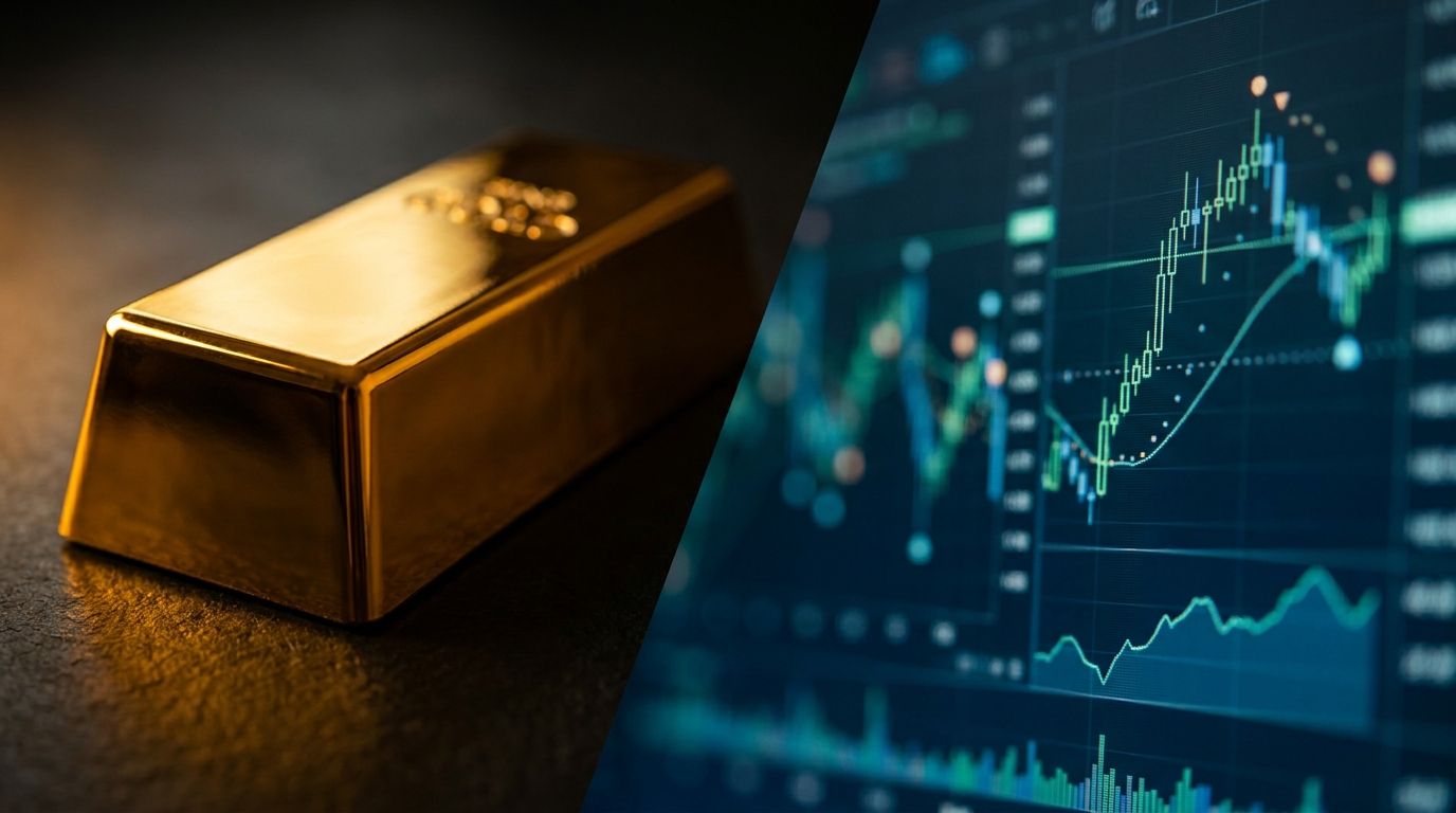 A split-composition image showing a gleaming gold bullion bar on one side and a dynamic stock market chart or trading screen on the other, visually representing the choice between the two investment vehicles.