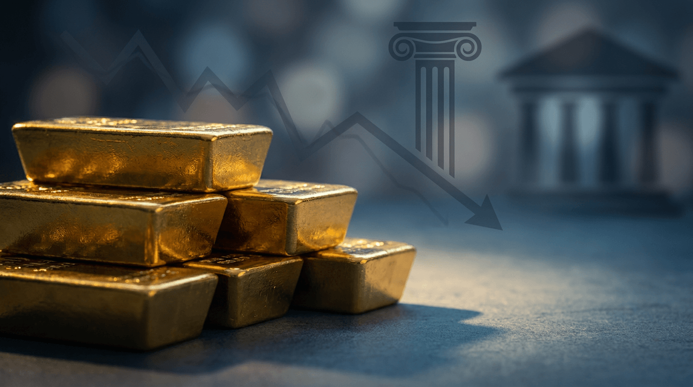 A stack of gleaming gold bars catching dramatic light, with a subtle downward-trending line graph or arrow overlay etched in the background to signal price pressure.